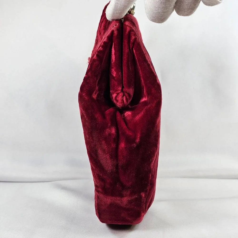 Vintage 40s Red Velvet‎ Kiss Lock Handbag Evening Bag Top Handle Red Distressed